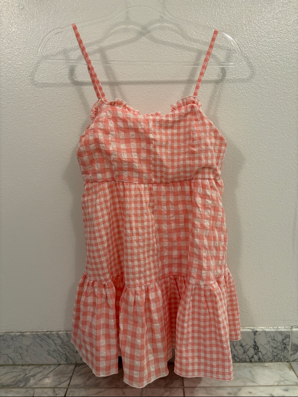 Pink Lily Coral and White Gingham Mini Dress